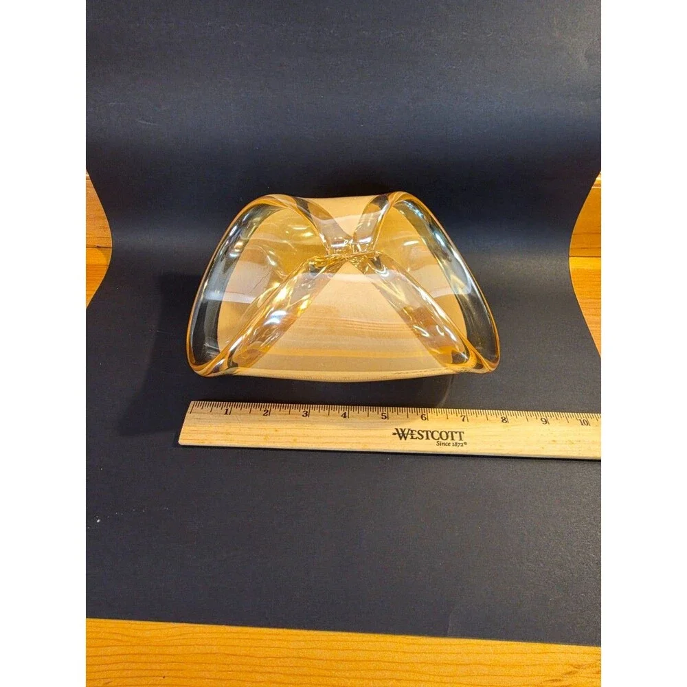 Vintage Amber Art Glass Bowl Folded Rim Heavy Glass Centerpiece MCM Style
